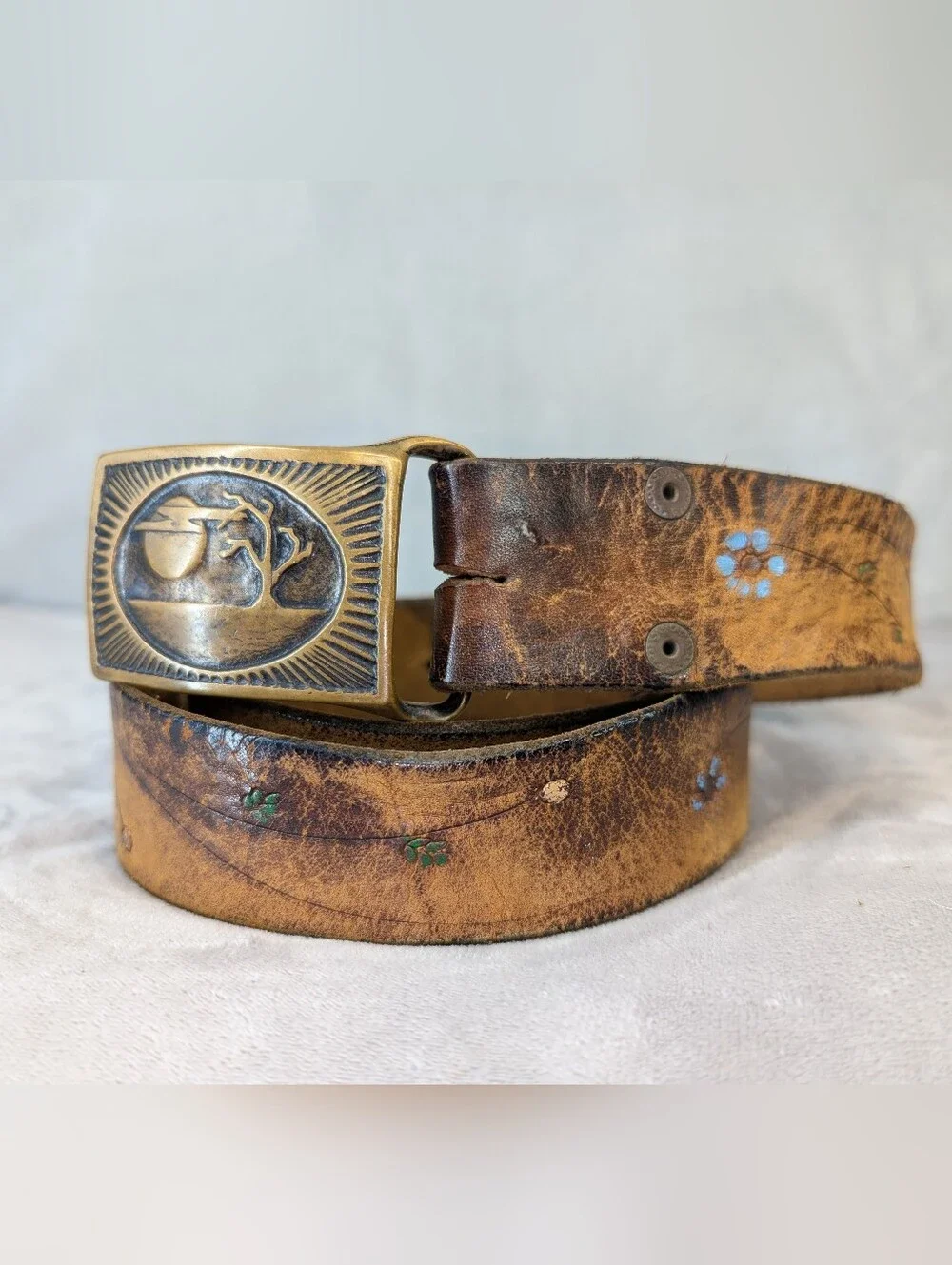 Vintage 1974 Tech Ether Guild La Luna Tree Solid Brass Buckle Leather Belt XL
